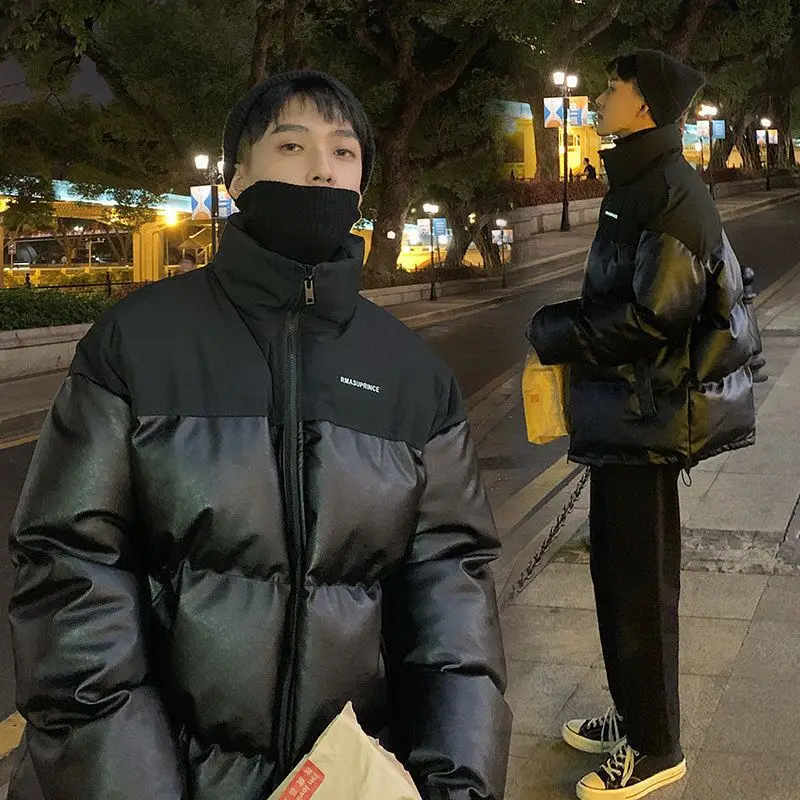 

Men's Thiened PU Leather down Cotton Jaet Winter Warm Stand Collar Oversize Loose Korean Sle Durable Zipper Closure Coat