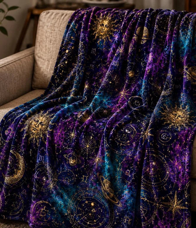 Whimsigoth Celestial Throw Blanket Astrology Zodiac Moon and Stars Blanket Purple Witchcore Decor Gothic Couch Blanket Cozy Gift