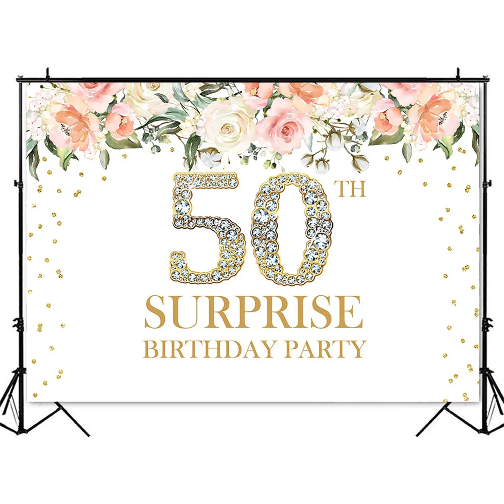 50th Surprise Backdrop Birthday Party Pink Flowers Photo Background Photocall Decoration Fifty Birthday Party Decoration Banner