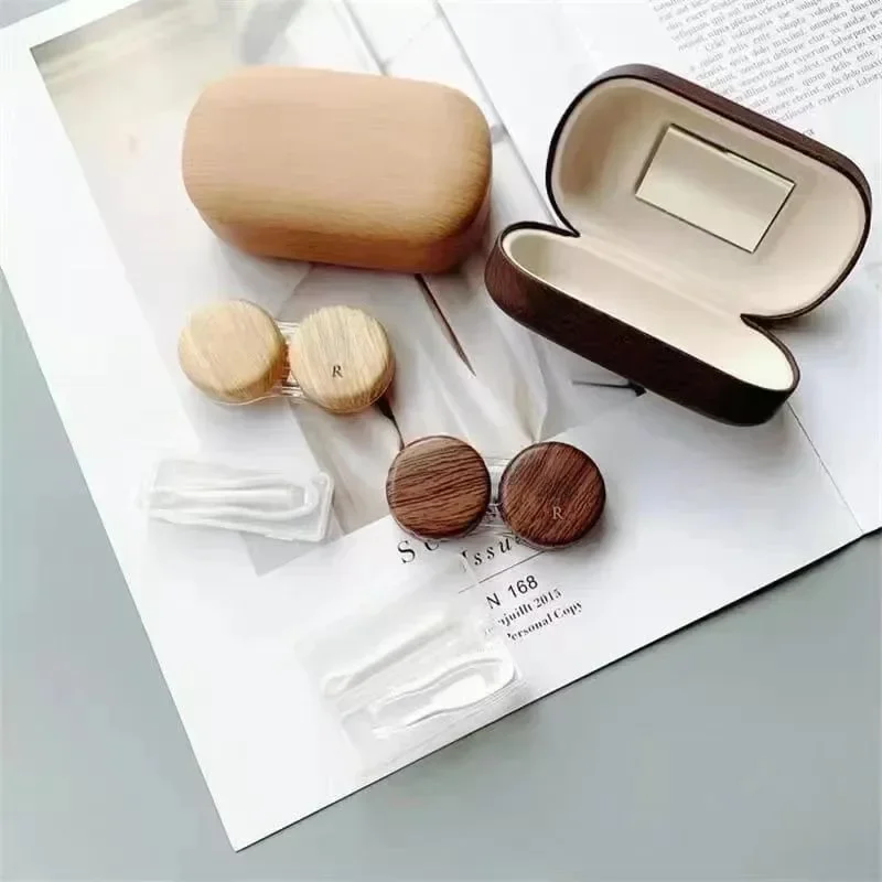 Myopia Contact Lens Case Vintage Leather Wood Grain Large Diameter Leakproof Storage Double Partner Simple Contact Lenses Box