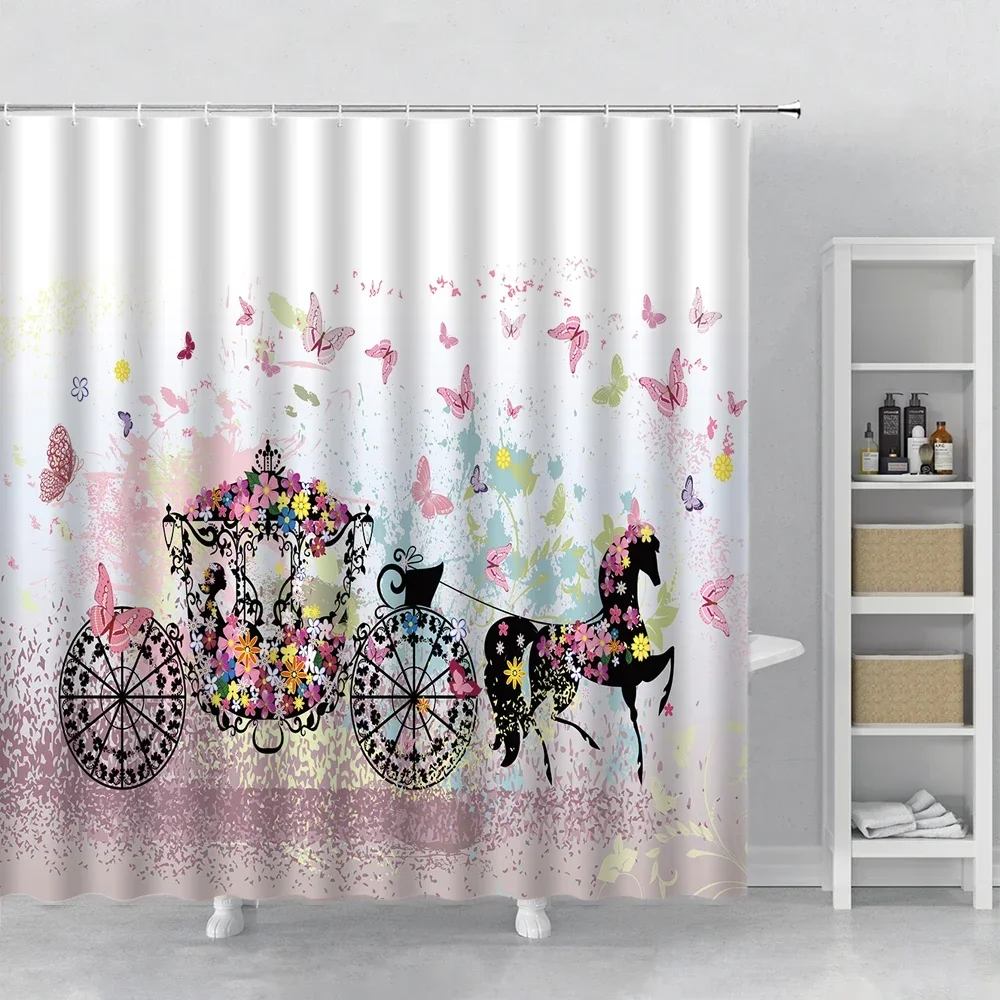 Beautiful Butterfly Girl Shower Curtain Dream Fairy Tale Carriage Flowers Fabric Bathroom Bath Curtains Sets Home Bathtub Decor