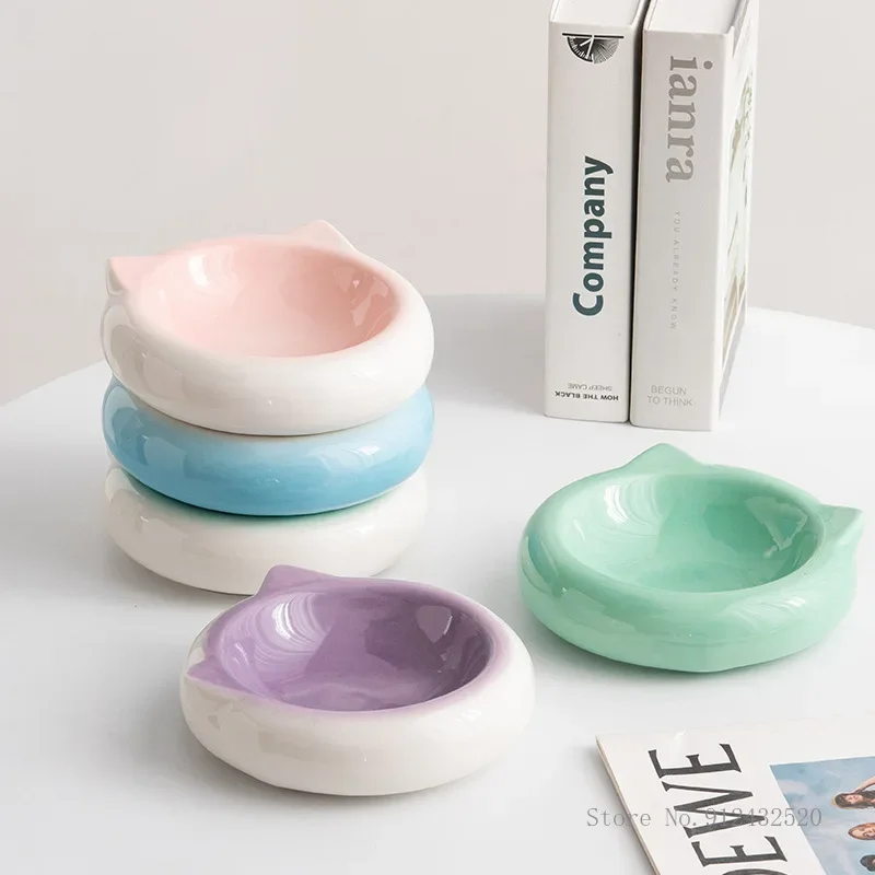 Creative Ceramic Flat Bottomed Cat Ear Shape Food Bowl Dining Plate Anti Overturning Pet Supplies Drinking Bowl 1Pc