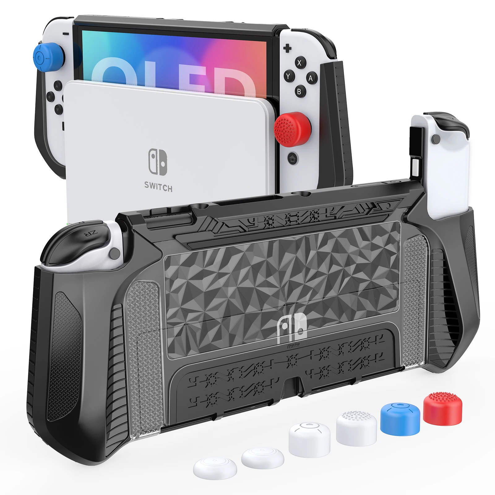 TPU Diamond Design Protective Case for Nintendo Switch OLED Console, Comfortable To Touch with 6 Thumb Caps