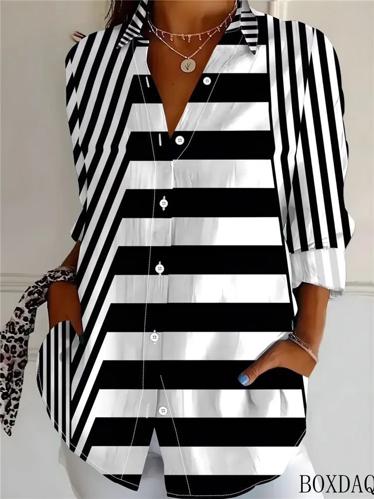 2026 New Women's Autumn Blouse Simple And Fashionable Long Sleeved Lapel Button Striped Printed Shirt Women's Commuting Clothing