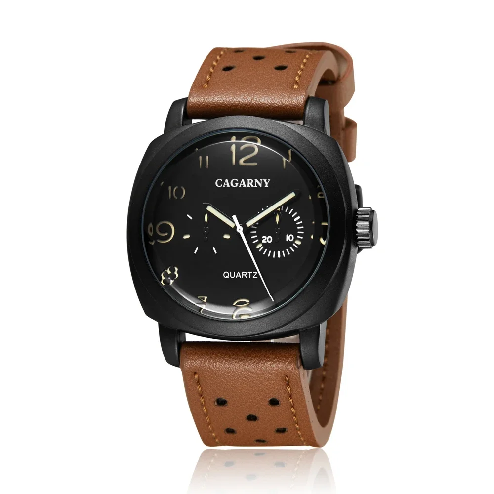 

Cagarny Sports Luxury Clock Hour Quartz Watch Black Dial Men's Brown Leather Wristwatch Military Relogio Masculino Orologi Uomo