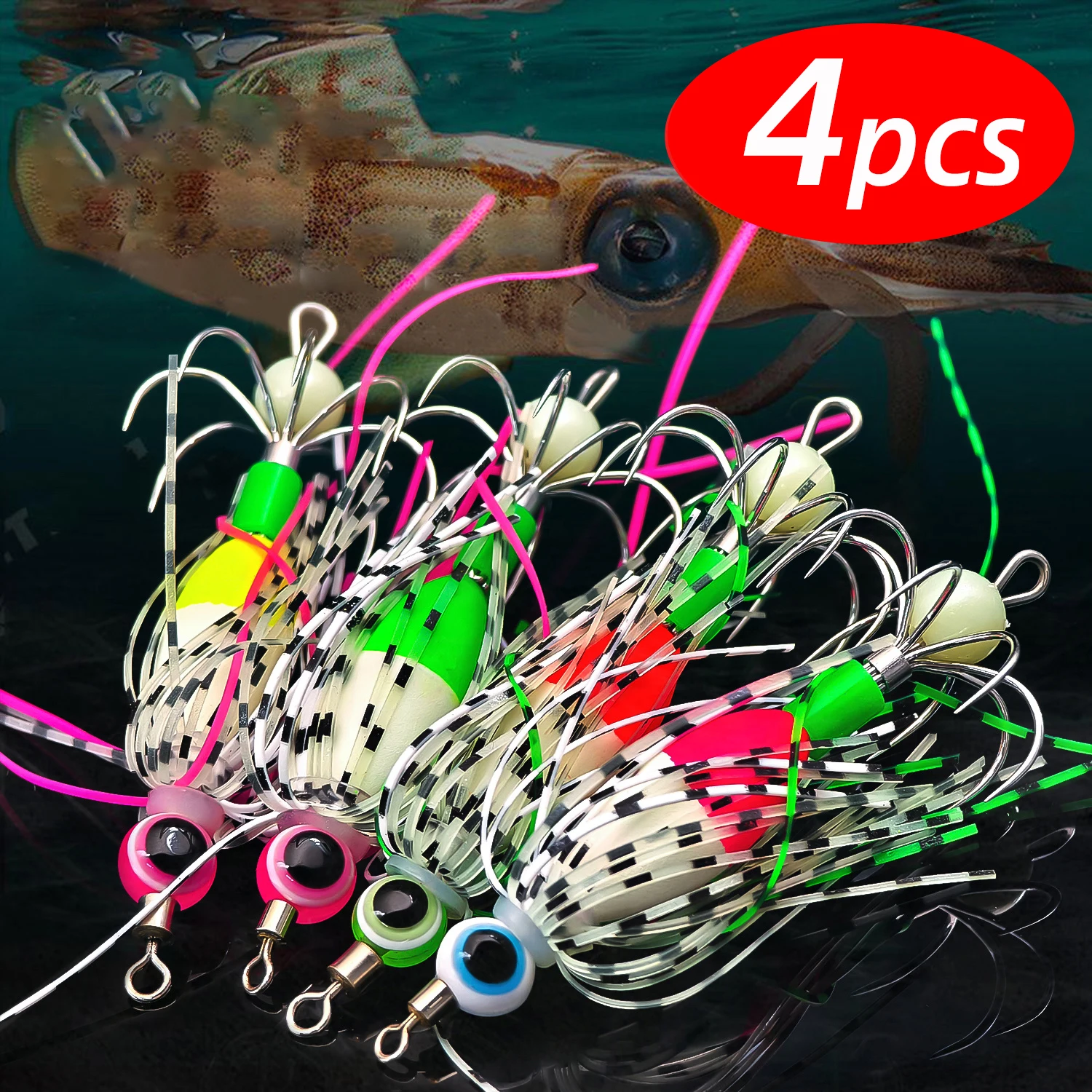 Kit de gabarit de calmar phosphorescent, appâts artificiels Shoes avec crochets en acier inoxydable et corps en PVC, boîte à matériel incluse, 4 pièces