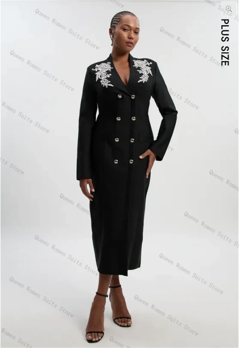 Black Cotton Women Suit 1 Piece Beaded Long Blazer Prom Dress Formal Office Lady Jacket Wedding Guest Coat Customized