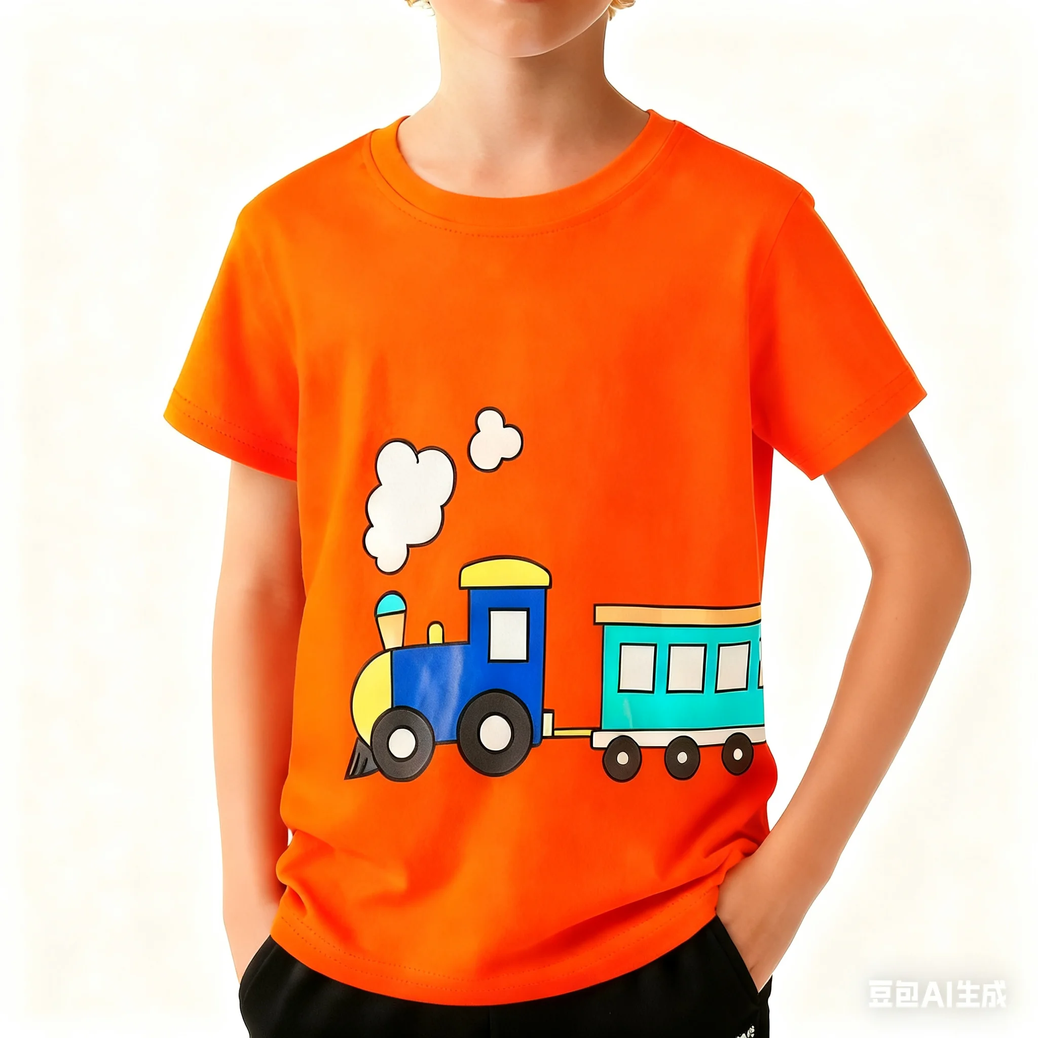 One-piece Summer Boys Short Sleeve Casual Knit Cotton Cartoon Train Print Crew Neck T-shirt 3-14 Y