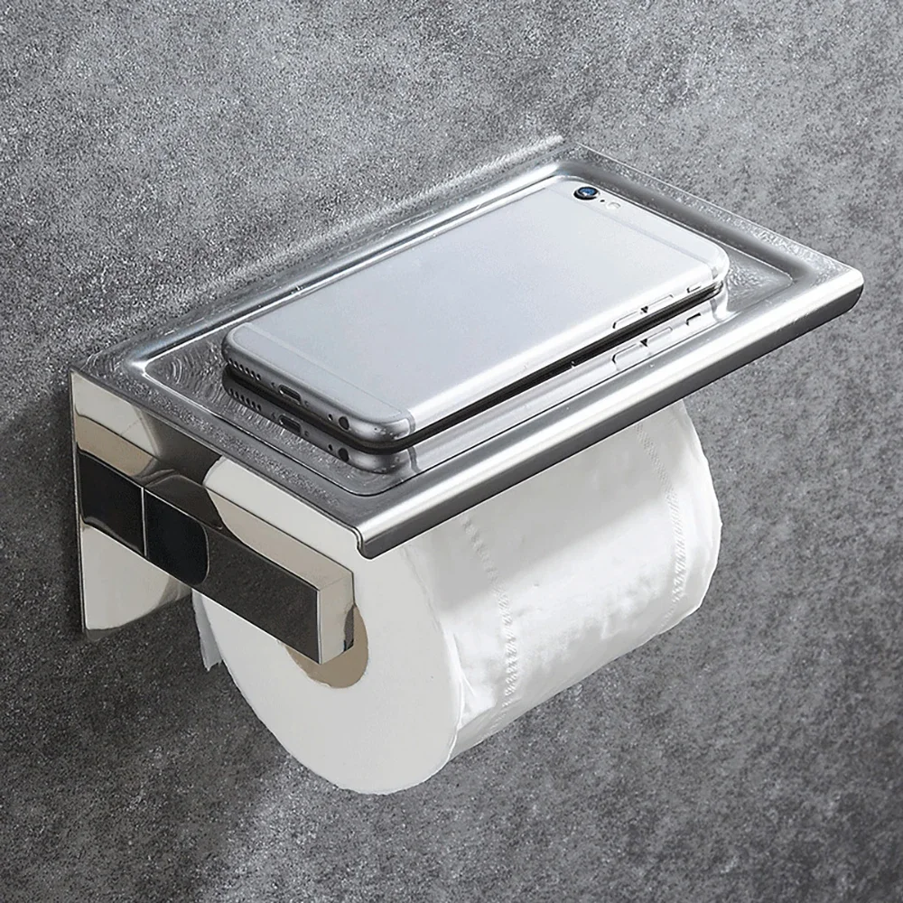 

Stainless Steel Bathroom Paper Holder Toilet Roll Holder No Drilling Wall Mount WC Paper Phone Holders Paper Towel Holder Shelf