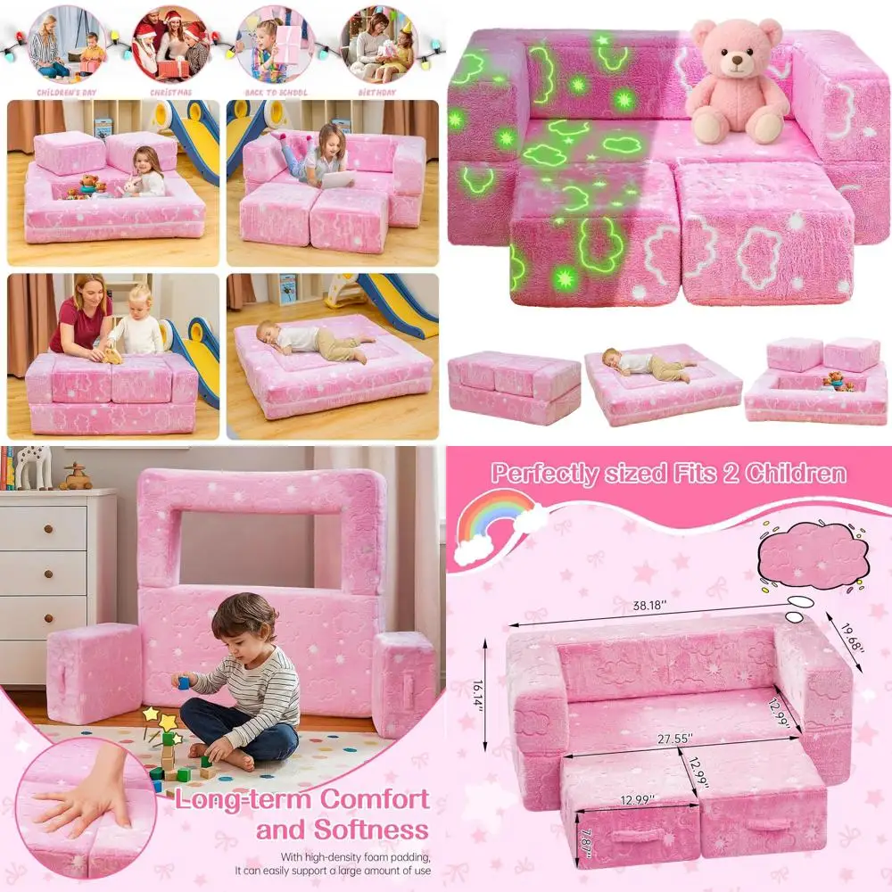 

Glow-in-the-Dark Toddler Sofa, Foldable Play Couch with Clouds, Convertible Foam Cushion for Kids' Playroom and Bedroom (Pink)