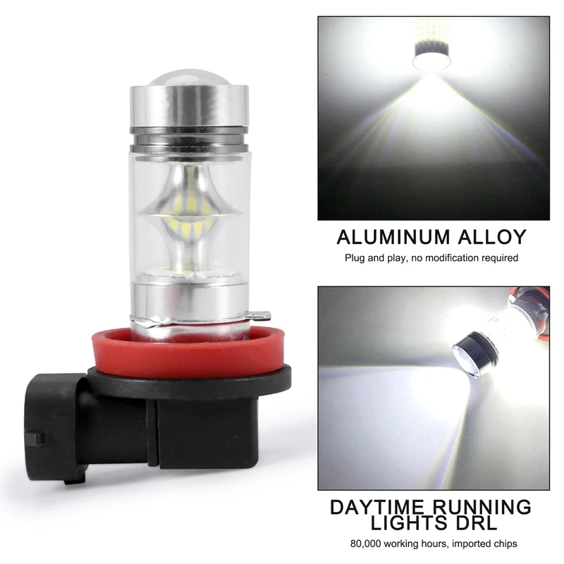 2X H8 H11 H16 6000K White 100W High Power LED Fog Light Driving Bulb DRL