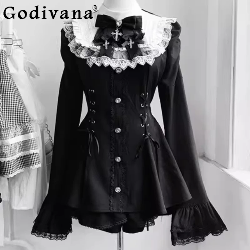 

Spring Autumn Black White Goth Lace Long Flare Sleeve Crew Neck Dress Sets Sweet Lolita High Waist A-line Age Reduction Dresses