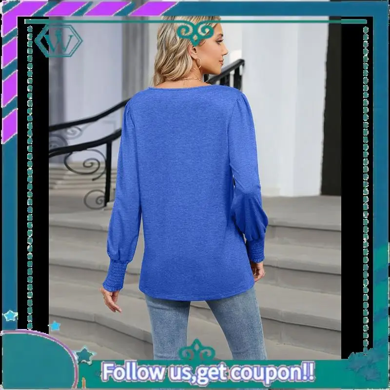 

A09P Women's Casual Loose Long Sleeve Shirts Shirred V-Neck Tops Trendy Blouses