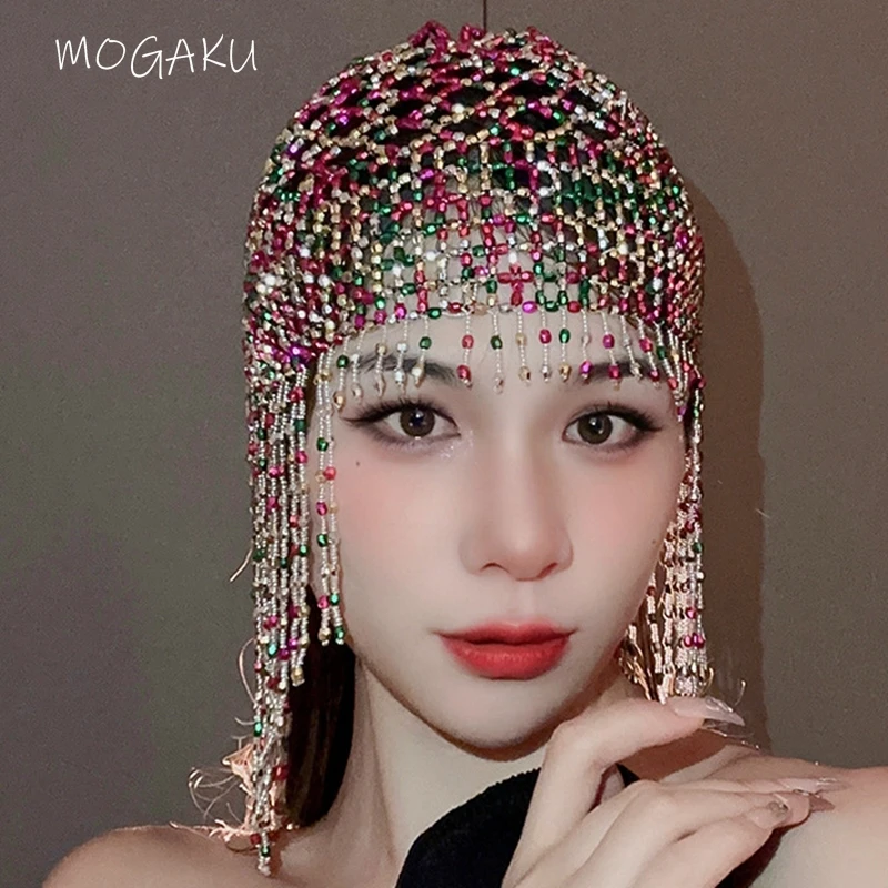 

MOGAKU Pearls Head Cap Lady Hair Accessory Women Fashion Crystal Beaded Headwrap Children Dancing Showing Headpiece Handmade