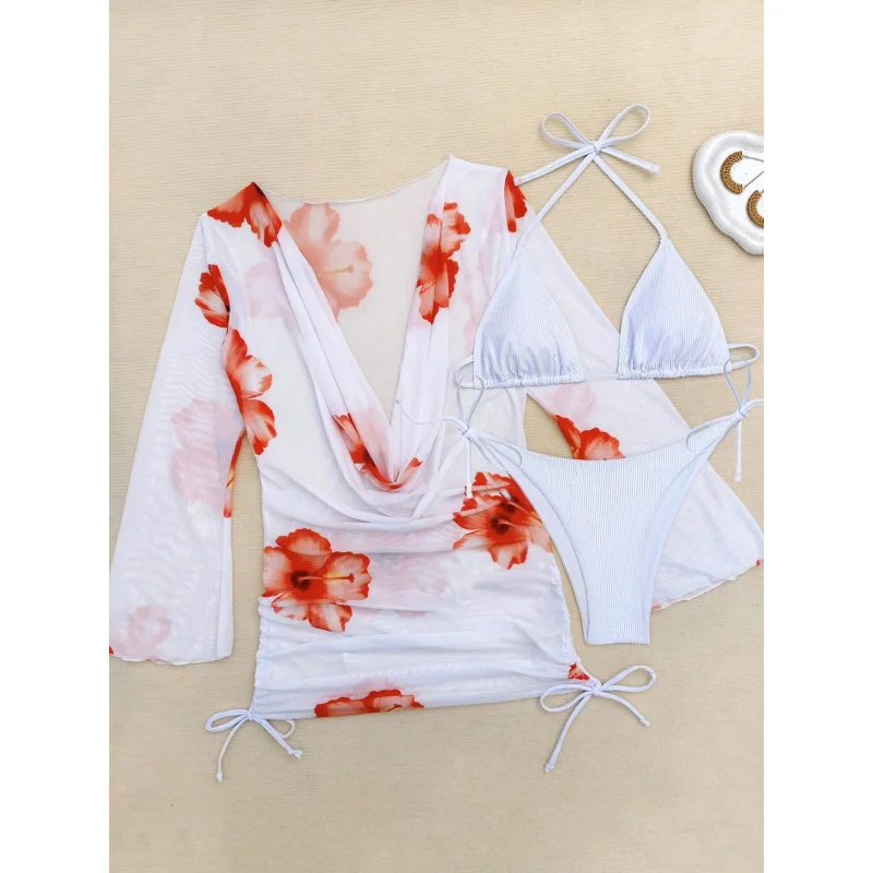 Beach Three-Piece Long-Sleeved Blouse Bikini Split Swimsuit for Women2025New Year Hot Sale