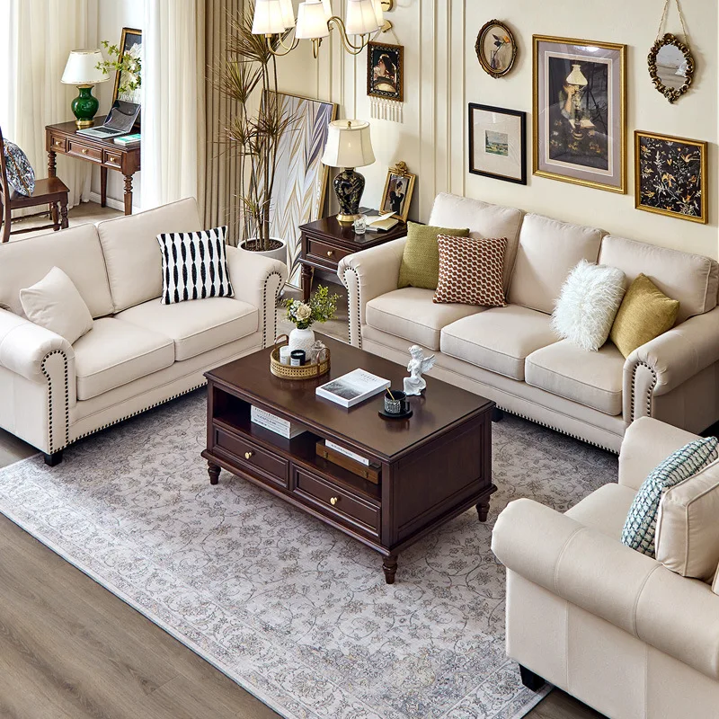 

American fabric sofa is simple, small apartment living room single and double three combination, straight row all solid wood