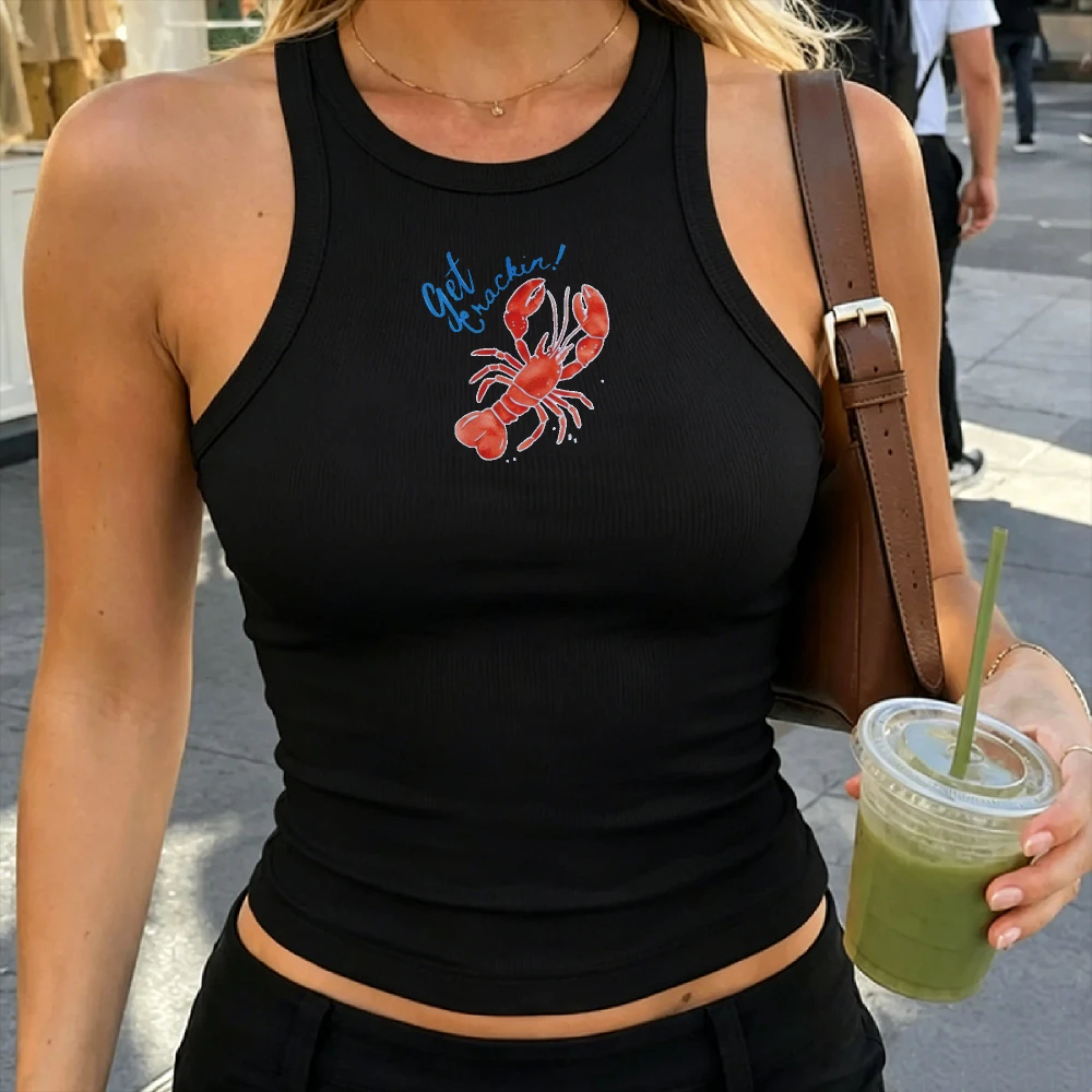 Get Crackin Red Lobster Graffiti Hand Sketch Slogan Print Camisole Ribbed Tank Top Crop Y2K Top Women Round Neck Cropped Slim