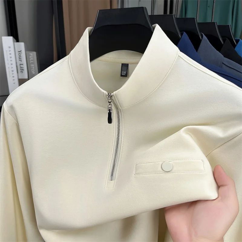 

Light luxury half zipper stand up collar long sleeve T-shirt men solid color spring autumn Korean style youth fashion pullover