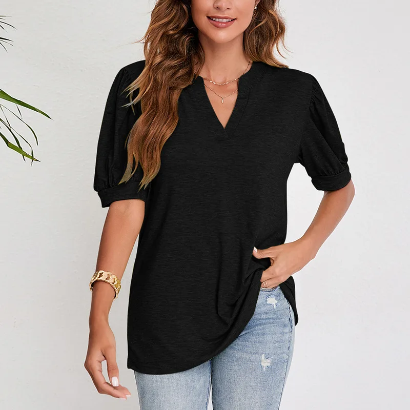 2023 Summer Women New T-Shirt Casual V-Neck Solid Bubble Sleeve Loose Top Casual Versatile Bottom