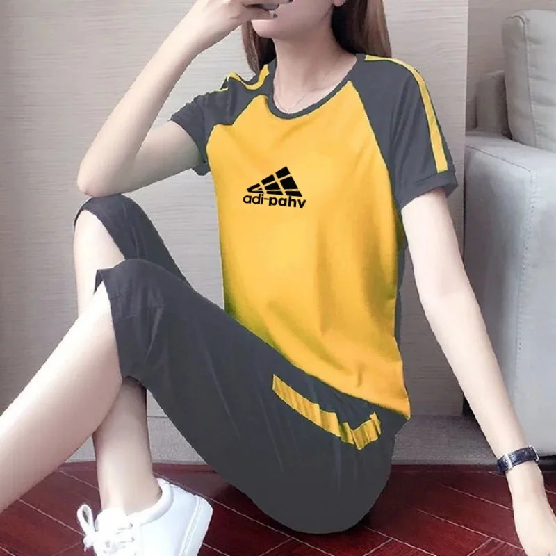 Casual sports suit for women summer new fashion loose short-sleeved cropped pants plus size running suit two-piece set