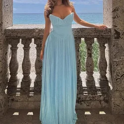 Elegant Pleated Hem Maxi Dresses Women Sexy Corset Wrap Luxury Sleeveless High Waist A Line Robe Summer Holiday Party Vestidos