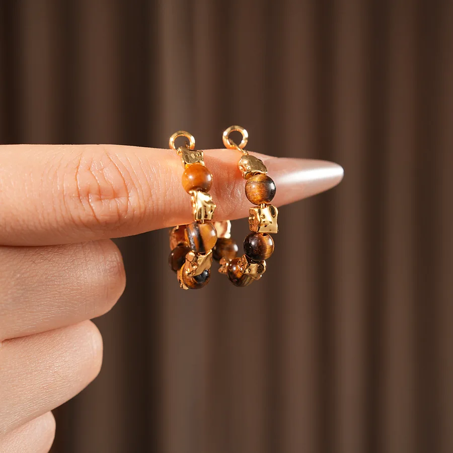 18k Gold Plating Retro Bruin Tijgeroog Steen Hoepel Oorbellen Dames Luxe Onregelmatige Kralen Oorstekers Bedels Sieraden Bijoux K1