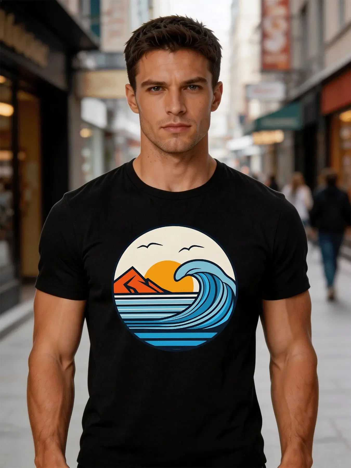 Male Cotton Short Sleeve T Shirt Sunset Mountain Sea Wave Pattern Loose Crew Neck Trendy Outdoor Summer Tees For Young Adult Men