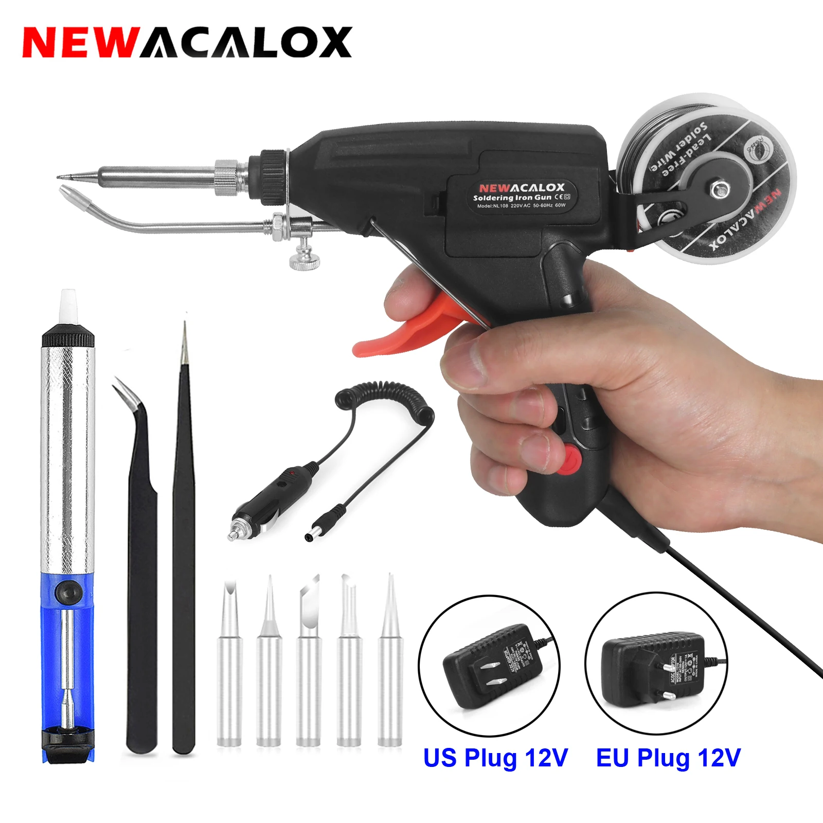 

NEWACALOX DC 12V Soldering Gun Kit Soldering Iron with Solder Wire Auto Send Tin Soldering Kit for Electronics Welding Repair