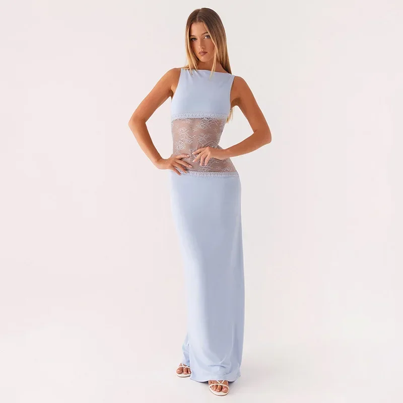 2025 New European and American Summer Sexy Slim Fit Long Dress with Lace Satin Patchwork Backless Long Dress, Slimming Dress