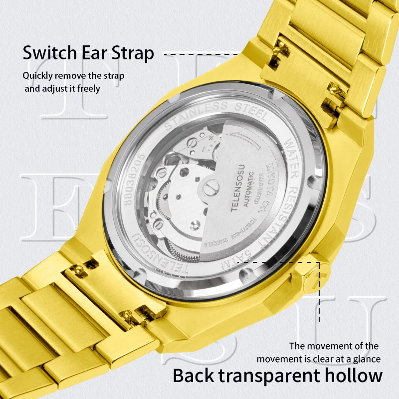 TELENSOSU ساعة رجالي تقويم مزدوج ساعة ميكانيكية أوتوماتيكية إطار الماس اليابان MIYOTA8205 ساعة ياقوت فاخرة 8803