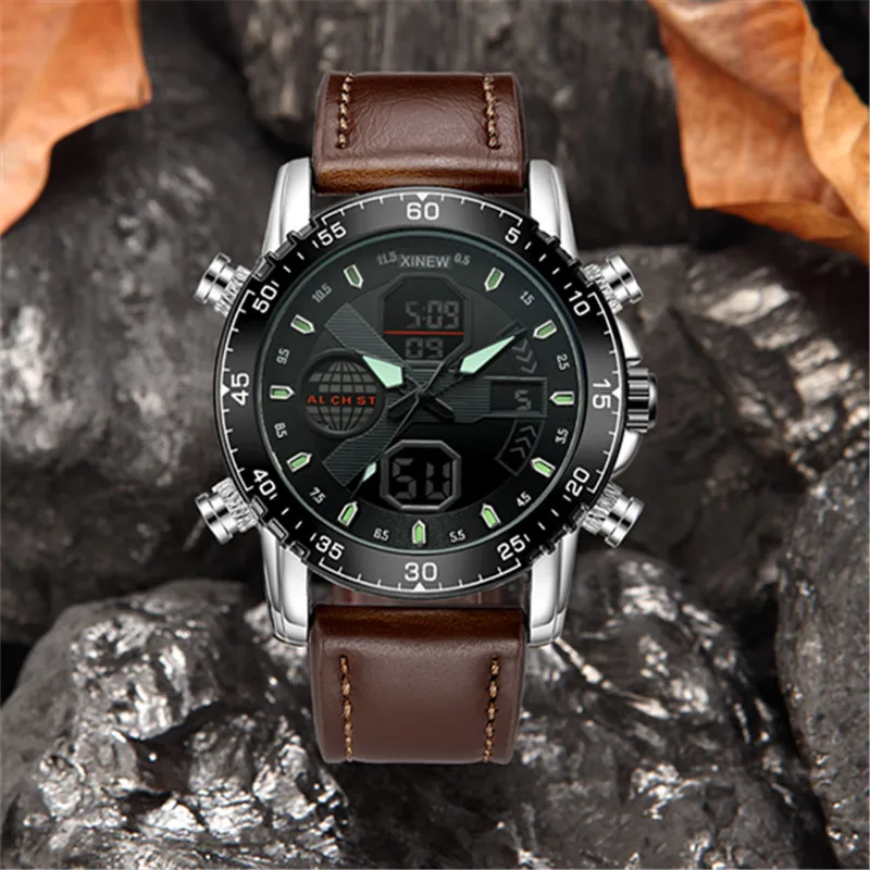 Original XINEW Brand Watches For Men Fashion Leather Military Multifunctional Sports Chronograph Business Watch Reloj Hombre