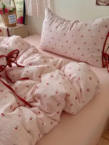 Ins Cherry Bedding Set Bow Tie Closure Duvet Cover Set Soft Flat Sheet Single Double Bed Sheet Set For Girls Bedroom