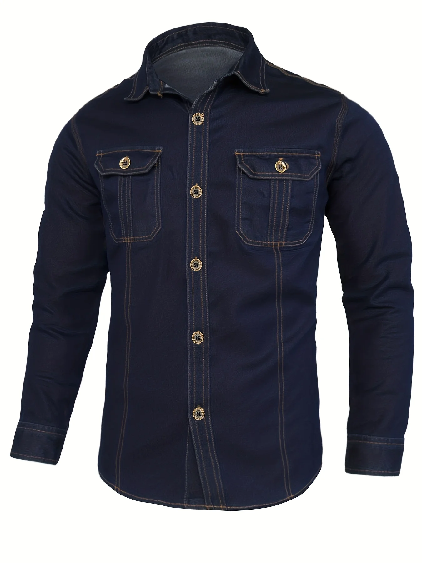 Men's long-sleeved denim shirt, new style top, tough guy workwear style. Men's denim shirt with double chest pockets, designed f