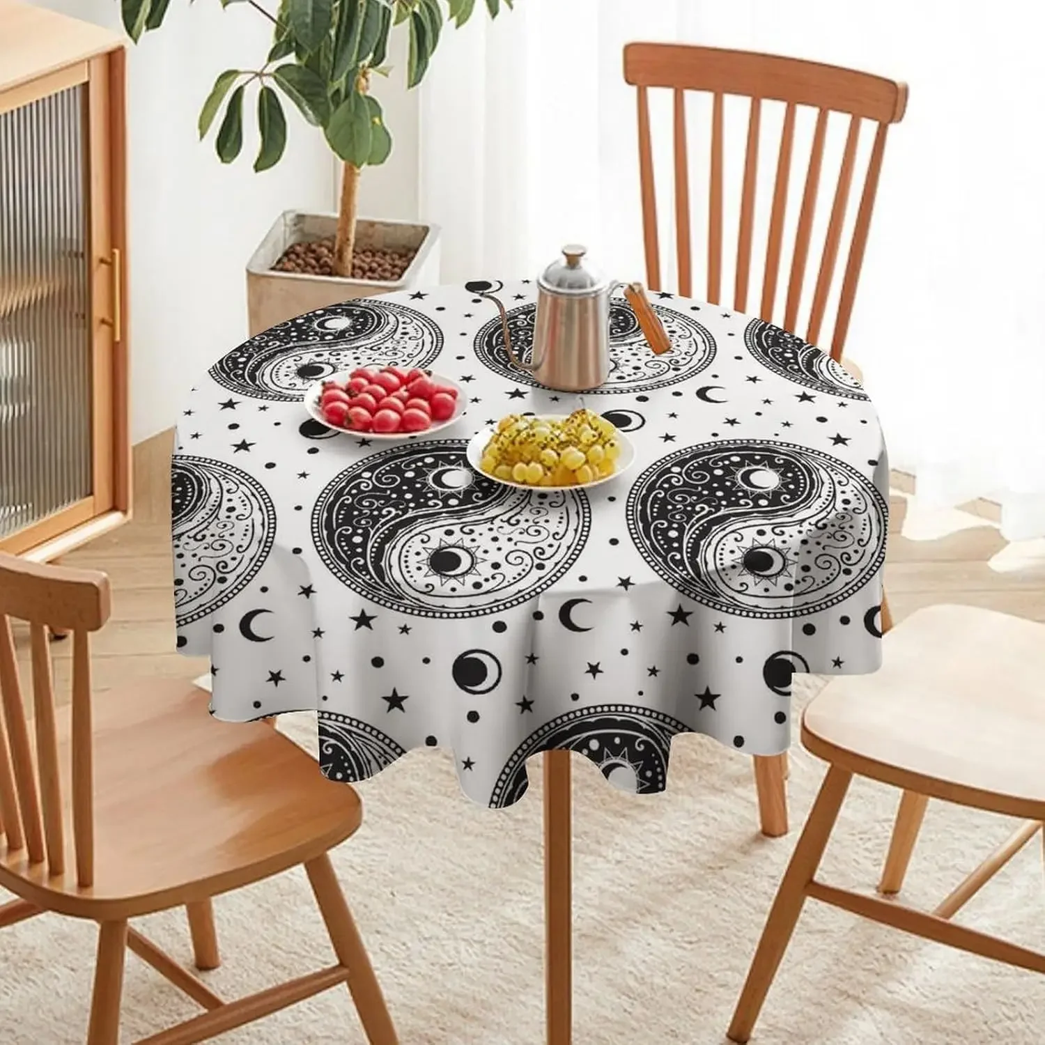 Yin Yang Paisley Celestial Circle Tablecloth - Vintage Boho Moon Stars Indoor Outdoor Diner Cover
