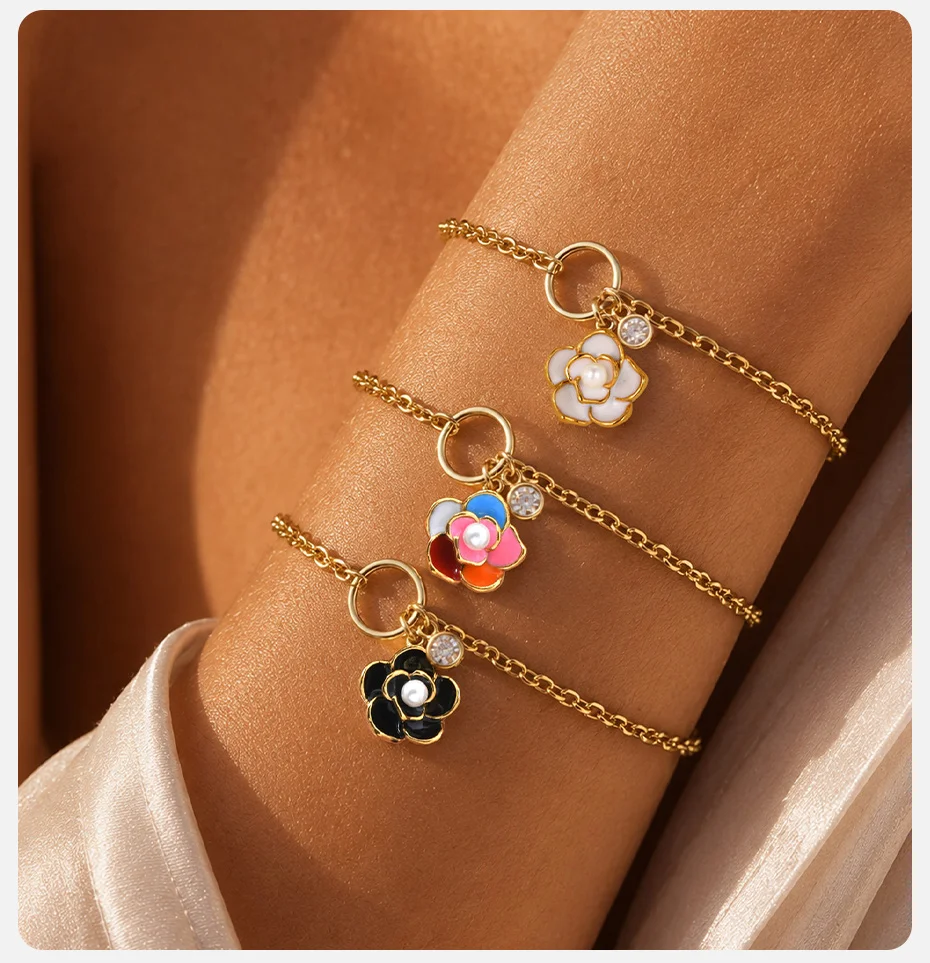 Vnox Exquisites Emaille-Armband mit bunten Blumen und Anhänger-Halskette für Damen, vergoldeter Blumenschmuck, trendige elegante Geschenke für Partys – Detail 3