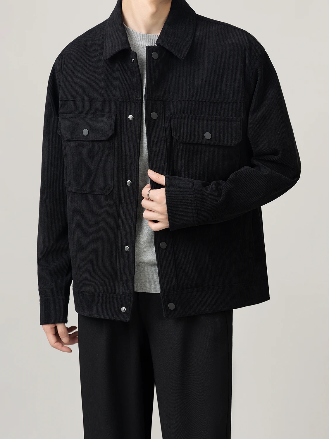 Spring Autumn Men's Texture Corduroy Jacket Loose Casual Outerwear with Big Pockets Stand Collar Youth Fashion Polyester Fiber