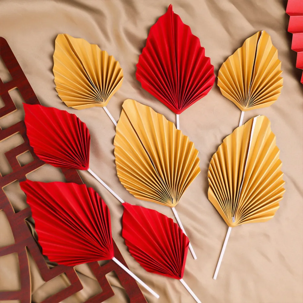 2pcs Gold/red Palm Leaf Cake Topper Leaf Shaped Style Folding Fan Cake Paper Handmade Cupcake Topper Wedding