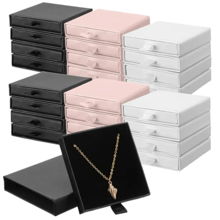 24 Pack Jewelry Gift Boxes Cardboard Jewelry Boxes 3.1 x 3.1 x 0.7 Inch Pull out Design Bulk Small Black Gift Box with Lids for
