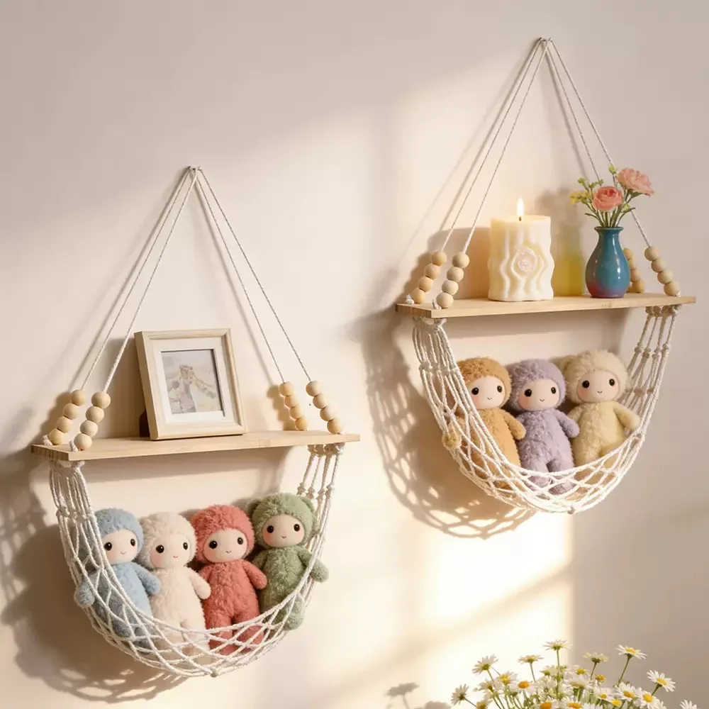 Boho Macrame Wall Hanging Shelf with Net Basket Wooden Floating Shelf for Home Bedroom Living Room Decor & Kitchen Storage Gift