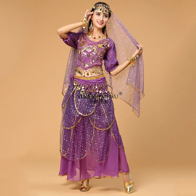 

Women Bollywood Dance Costume 4 Piece Set Veil Headdress Top Coin Belt Skirt Indian Belly Dance Wear For Women Party Performance