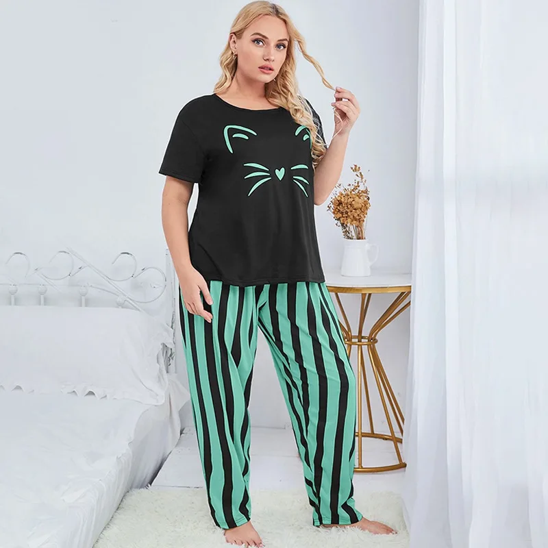 Plus Size Women\'s Pajamas Set Stripe Print Smooth Soft Summer Short Sleeves Sleepwear Long Btoom Nightwear Clothes 3XL 4XL 5XL