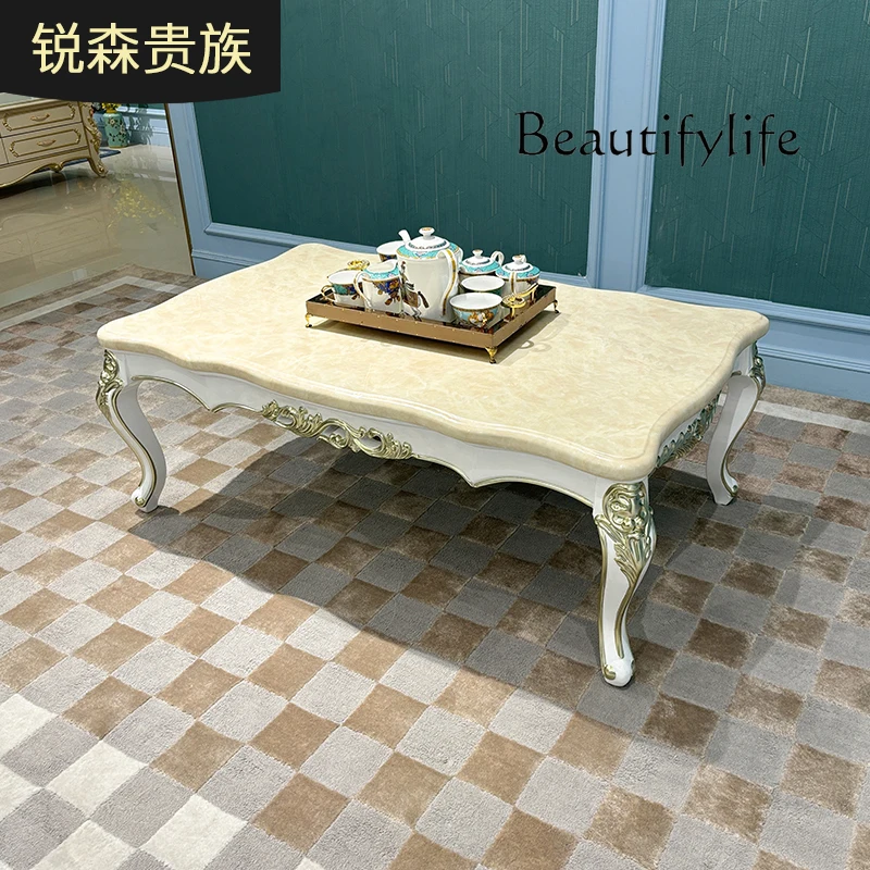 طاولة قهوة كبيرة من الخشب الصلب الفرنسي لغرفة المعيشة الأوروبية طاولة شاي رخامية شقة صغيرة طاولة شاي كلاسيكية جديدة منحوتة
