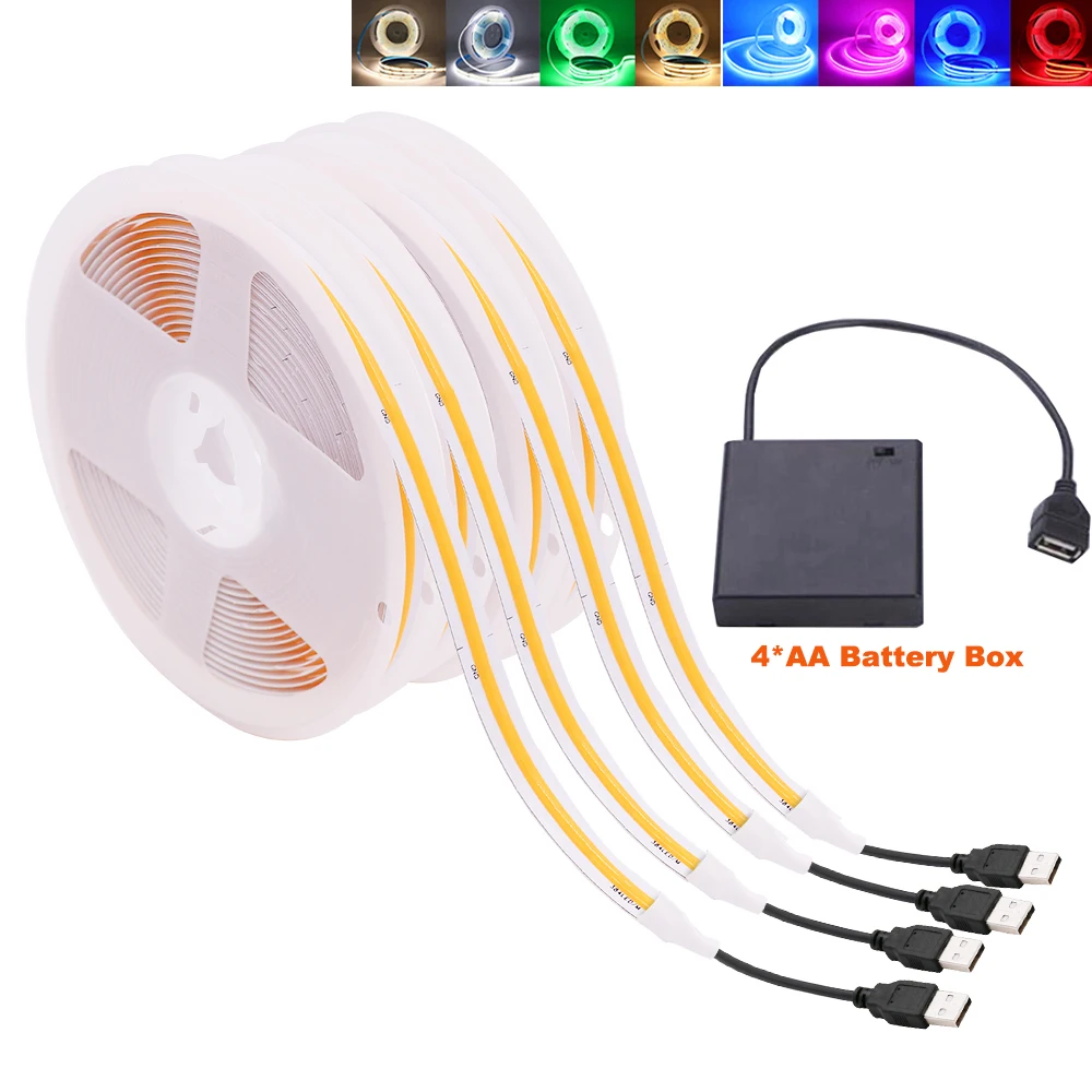 

5V USB COB LED Strip Light 320LEDs/m High Density Flexible Tape Ribbon 3000-6500K Pink Red Blue Led Lights with AA Battery Box