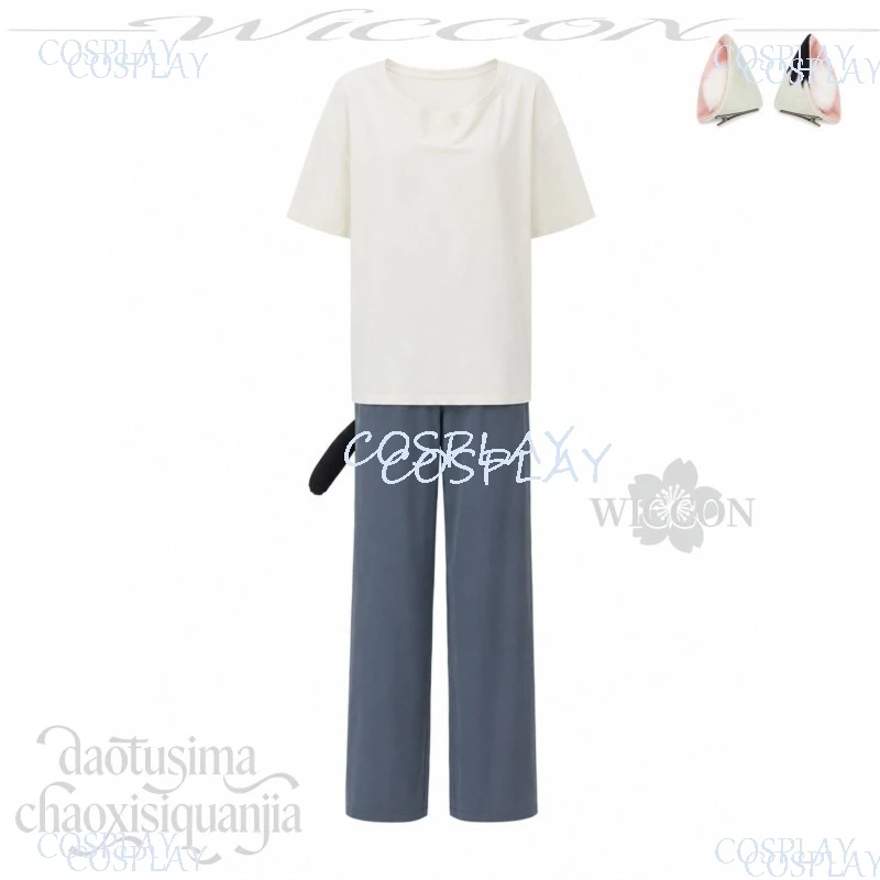 Tshirt Pants Furry Cat Earwear Headband Tail Mint Wigs Full Set Anime Chainsmoker Cat Cosplay Yanineko Costume Halloween Party - view 3