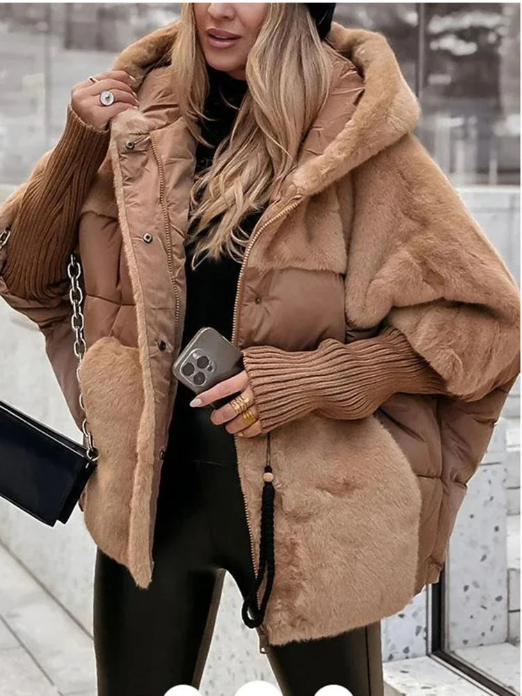 Chaqueta con capucha elegante y cómoda para invierno, abrigo holgado con cremallera, abrigo de algodón para mujer, Parka con mangas acanaladas elásticas, abrigo empalmado de piel sintética