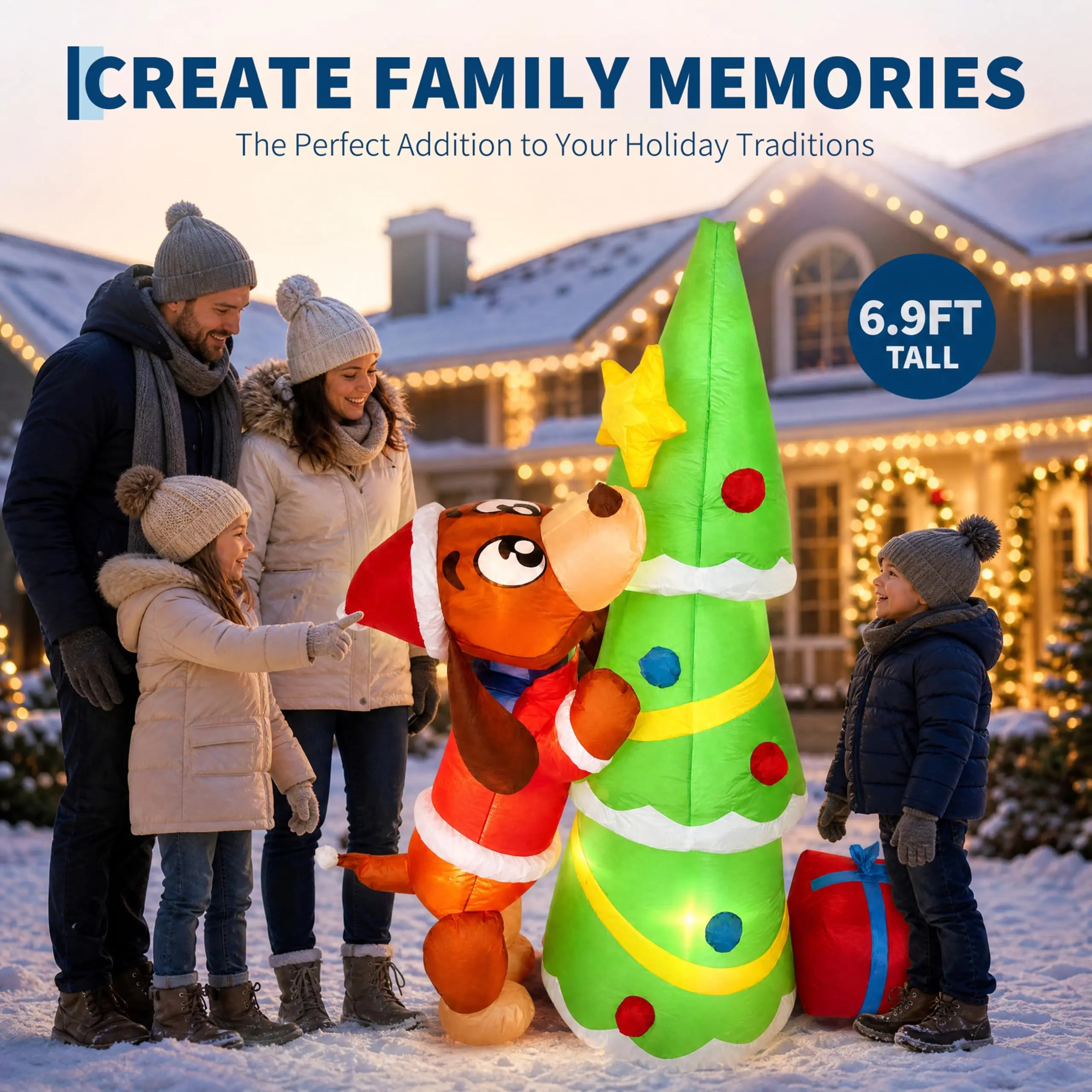 7ft Inflatable Christmas Tree with Dog & LED Lights - Outdoor Holiday Yard Decoration, Weather-Resistant w/ Anchor & Quiet Blower