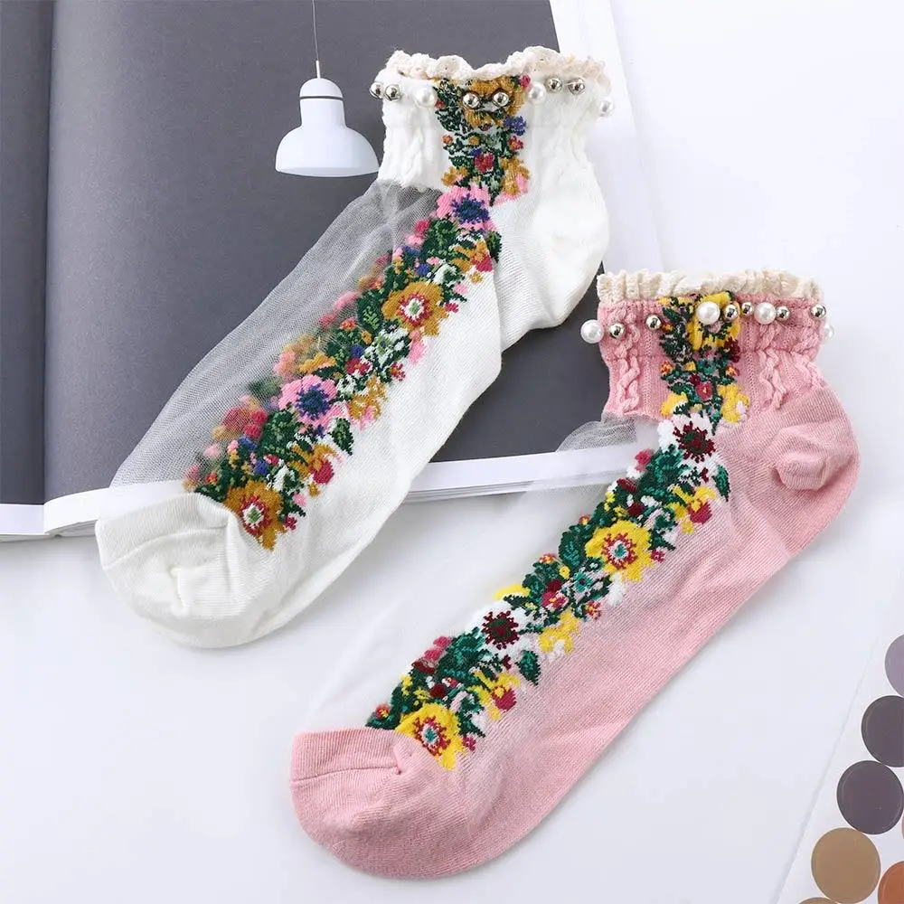 Transparent Lolita Socks Mesh Shallow Mouth Pearl Summer Embroidery Flowers Socks Boat Socks Short Socks Hosiery