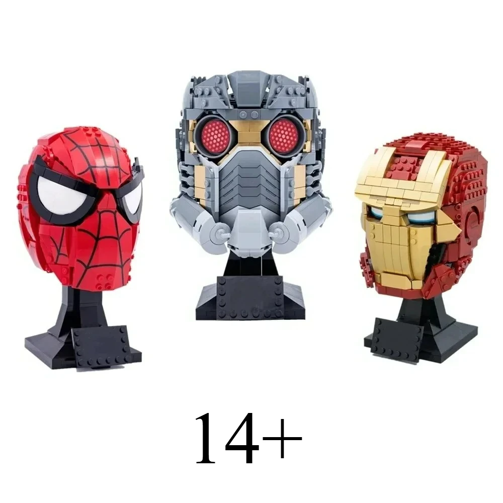

Hot Toys Movie Marvel Star-Lord Spiderman Mask Ironman Helmet Supereroes Building Blocks Bricks Home Decoration Model Kids Gifts