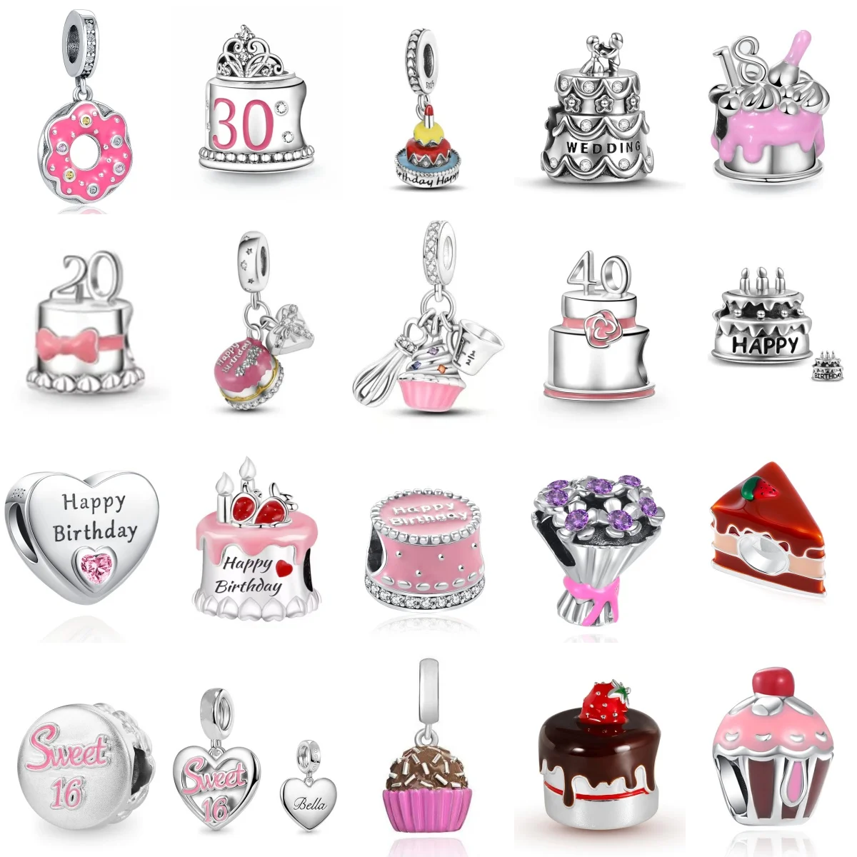 Dessert Series 925 Sterling Silver Donut 16 18 30 40 Birthday Cake Pendant, Suitable for Original Bracelet DIY Jewelry Pendant