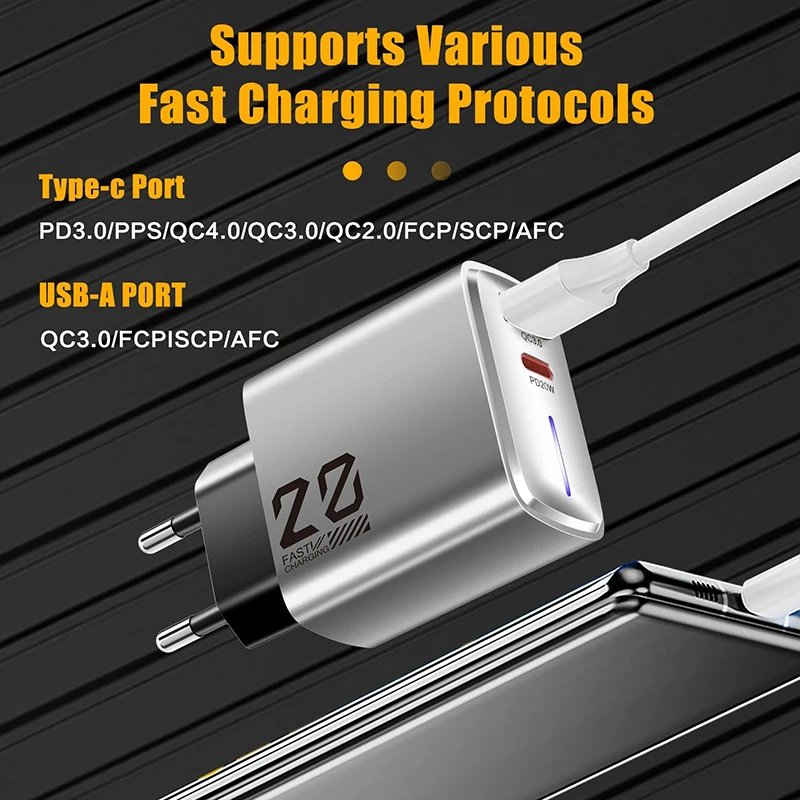 

Metallic Paint 20W Type-c Charger EU And US Standard Mini Charging Head With Light PD+USB Metallic Gray Fast Charging NEW 2025